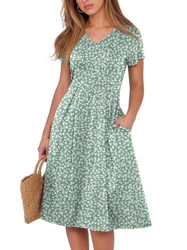 Image of ANRABESS Women Summer Dress Casual Short Sleeve V Neck A-Line Knee Length Pleated Flowy 2026 Fashion Midi Dresses with Pocket