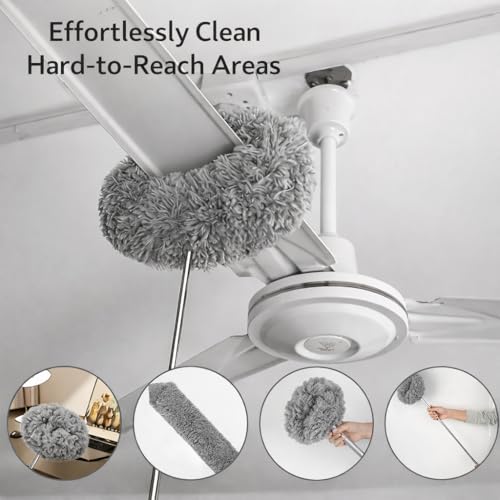 Image of DecorTwist Extendable Ceiling Fan Cleaning Duster with Adjustable Rod | Washable Microfiber Long Handle Cleaner for Fan, Cobweb, Lights & Home Cleaning (Flat Fan Blade Cleaner)