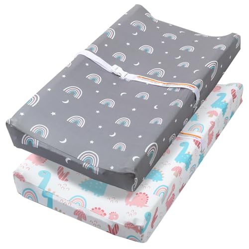 Image of FHMJYH Changing Table Pad Cover Elastic Changing Pad Cover Premium Baby Changing Pad Cover 2 Pack for Boys Girls Soft and Comfortable (Rainbow and Dinosaur Park)