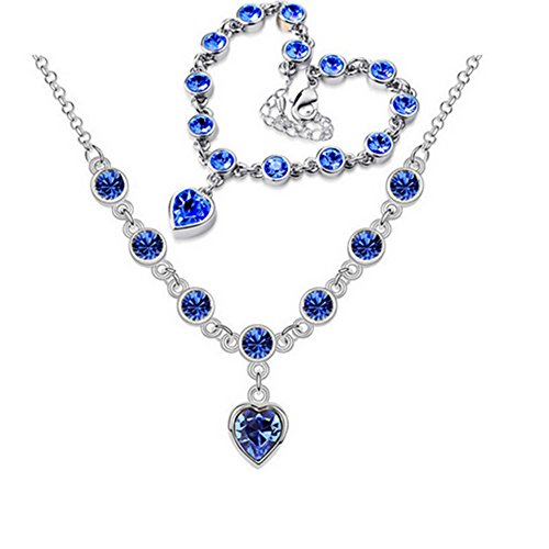 Women's Blue Zircon Crystal Jewelry Set 925 Sterling Silver Plated Platinum Beautiful Love Heart Pendant Necklace and Bracelet Set