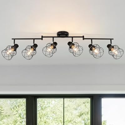 WILON 6 Light Track Lighting Kit 6 Way Ceiling Spotlight-Industrial Flush Mount Ceiling Light Black Kitchen Ceiling Light Fixtures Kitchen Track Lighting Flexibly Rotatable Light Head E26 Base
