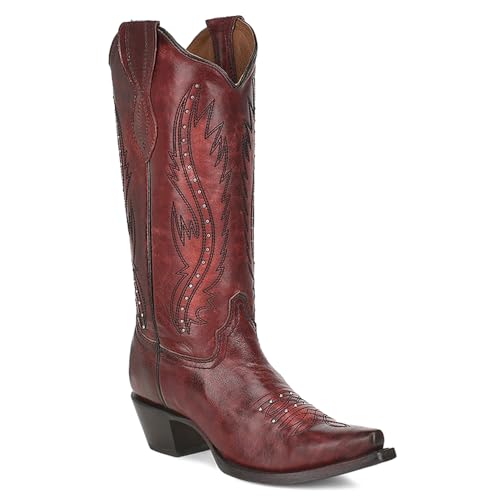 Corral Boots Womens Ld Wine Embroidered Studded Snip Toe Pull On Casual Boots Mid Calf Mid Heel 2-3" - Red2