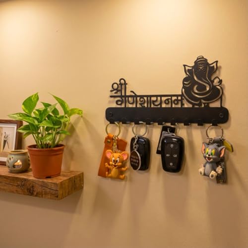 Image of Metal Key Holder for Wall with Beautiful Ganesh Design Art, 9 Hooks, Black Matte, Pre-Drilled Holes, Decorative Key Stand & Organizer