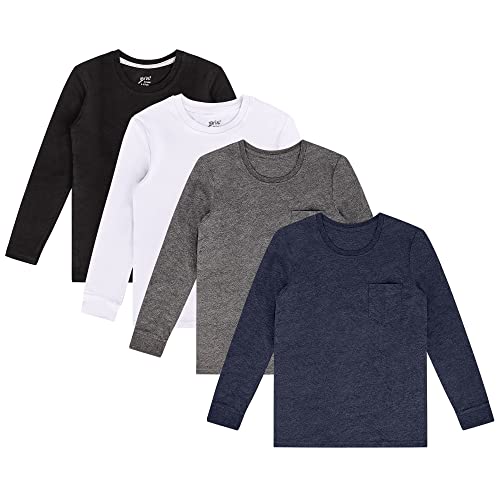 Boys Long Sleeve Pocket Shirts - 4-Pack Jersey Pocket and Crewneck Tee Shirts Tagless.