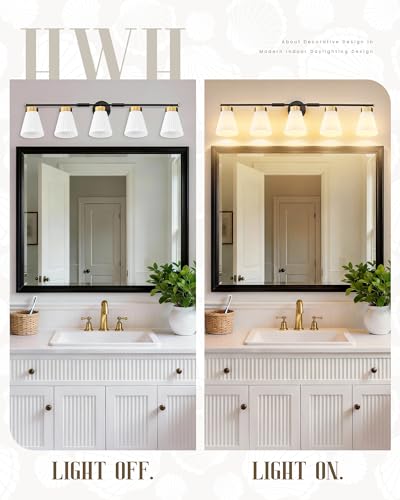 Image of Bathroom Wall Sconces, HWH 5-Light Wall Mount Lighting Fixtures for Mirror, Modern Vanity Lights with Frosted Milk White Striped Glass, Black and Gold Finish, 5HZG97B-5W BK+BG