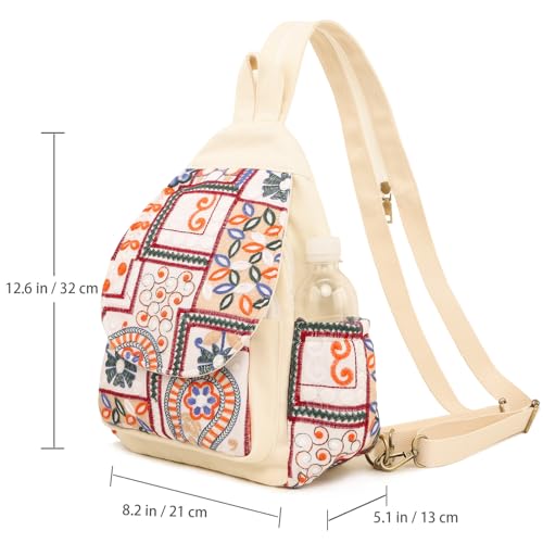 Image of SILKAREA Boho Embroidered Sling Backpack for Women Canvas Travel Chest Bag Multi-purpose Backpack Purse Shoulder Bag (Embroidered Orange)