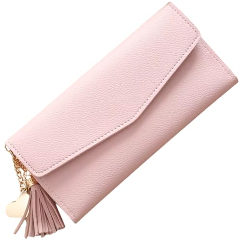 Carteira Feminina Estilo Envelope com Zíper, Pingente Decorativo de Coração e Borla (Rosa claro)