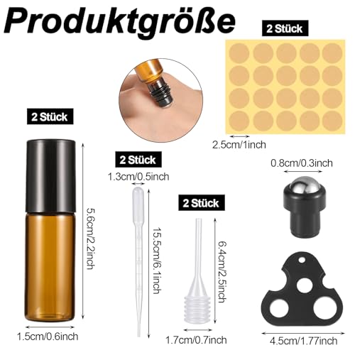 Newofview Ätherische Öle Roller Glasflaschen, 24 Stück Roll on Flasche Leer 5ml, mit Edelstahl Roller Ball, Tropfer, Öffner, Aufkleber, Probe Glasflaschen für Duftstoff, Parfüm, Massage, 31 Pack