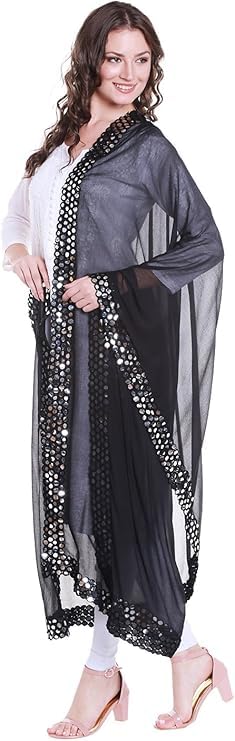 Women's Black Chiffon Dupatta with Mirror work lace.2