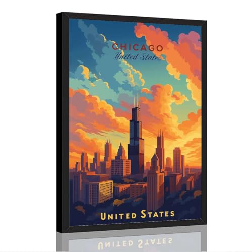 Framed Chicago Cityscape Poster, Canvas Print Modern Wall Art, Vintage