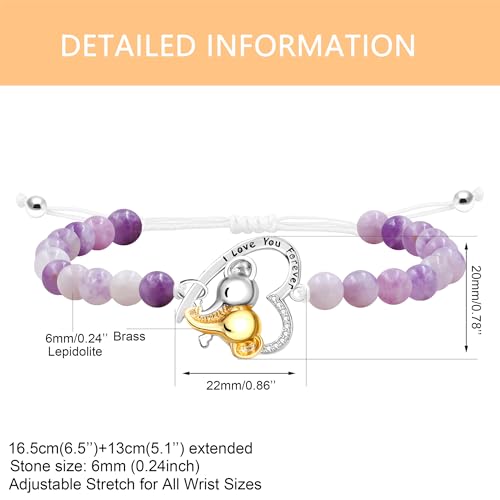 Image of Double Elephant Heart Charm Natural Crystal Bracelet, Treatment Stone Bracelet Calm Stretch Bracelet Women's Stress Relief Gift for Moms I Love You Couple Jewelry