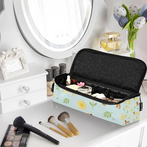 Bolsa para herramienta de cabello con protector resistente al calor y resistente al agua para planchas, rizadores, alisadores, organizador portátil con diseño de perro dachshund azul verdoso miniatura 7