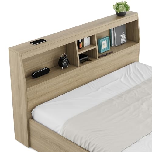 Image of Spacewood Storiva Bed |Queen Size (78 X 60) Engineered Wood Bed with Box Type Storage |Shelfs in Headboard | 3 Year Warranty | Modern Design |Engineered Wood | Santana Oak