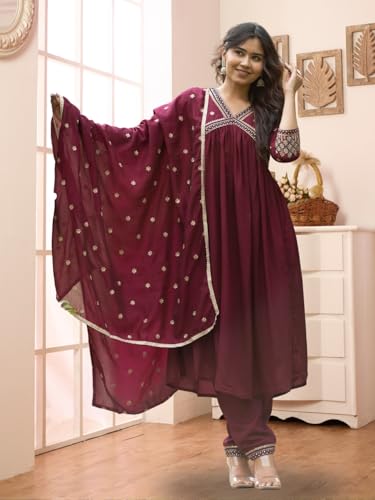 Image of Navlik Women's Vichitra Silk Embroidered A-Line Kurta with Pant & Dupatta 3-Piece Ethnic Set for Festive (NK4-442)