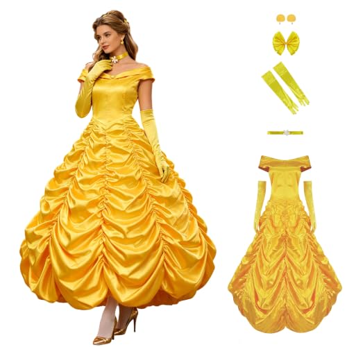 Poboola Belle Costume Women Adult Princess Costumes Halloween Cosplay Party Yellow Dress Long Dress Gown Beauty Outfit L