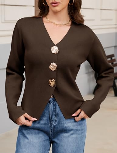 Daacee Cardigan Sweaters for Women V Neck Long Sleeve Gold Button Down Knit Cardigans Tops Outwear2