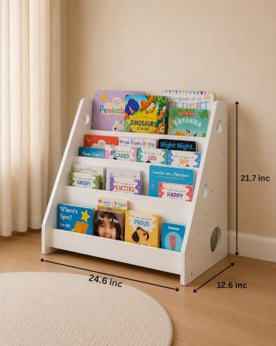 Image of Montessori Book Shelf for Kids and Toddlers - Wooden Book Organizer and Reading Rack for Nursery, Study Room, or Bedroom - Child-Safe Bookshelf for Home Use| 4-Tier (White)