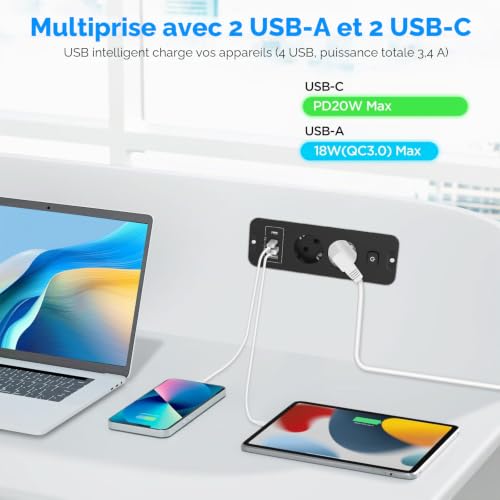 Prise escamotable 2 prises avec USB-C PD 20 W prise encastrée 4000 W – vue 4