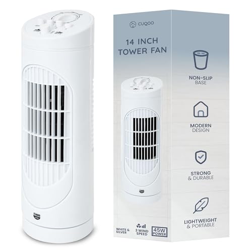 CUQOO 14 inch Table Top Tower Fan - 80° Bladeless Oscillating Fan with 3 Speed Levels and 2-Hour...