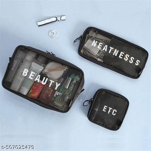 (ONLY POUCHES) Travel Nylon Mesh Makeup Bags Set 3 Pieces See Through Zipper Pouch Travel Cosmetic And Toiletry Kit Organizer Bag 3 Pack Of S M L 3-in-1-mkup-nvyblu-09-14 SB-P9287 4