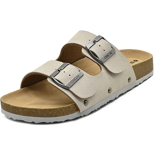 Image of ONCAI Womens Flat Slide Sandals with Arch Support 2 Strap Adjustable Buckle Slip on Slides Shoes Non Slip Rubber Sole