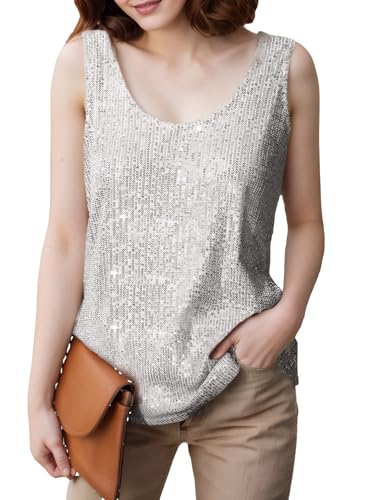 Sequin Sleeveless Tank Tops for Women, Scoop Neck Womens Silver Sparkly top