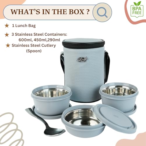 Image of KOI Insulated Lunch Box Set | 3 Inside Steel Containers (290ml, 450ml, 600ml) with BPA Free Lids | Leakproof Microwave Safe Tiffin | Adjustable Shoulder Strap Lunch Bag for Office Travel Use (Grey)