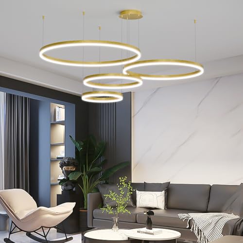Suspension dorée Mikeru à 4 anneaux LED de 40 à 100 cm de hauteur réglable pour la salle à manger