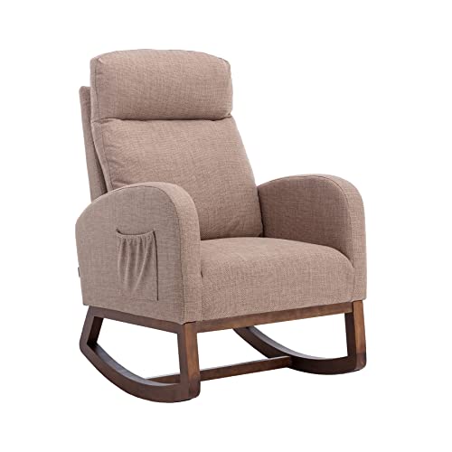 Dolonm Nursery Rocking Chair For Living Room, Upholstered Mid-Century Modern Nursery Rocking Armchair Tall Back Accent Glider Rocker, Camel #TOP19