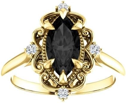 1CT-6CT Vintage Black Marquise Engagement Ring 10K Yellow Gold, Victorian Marquise Black Diamond Ring, Filigree Onyx, Bridal Ring, Wedding Ring