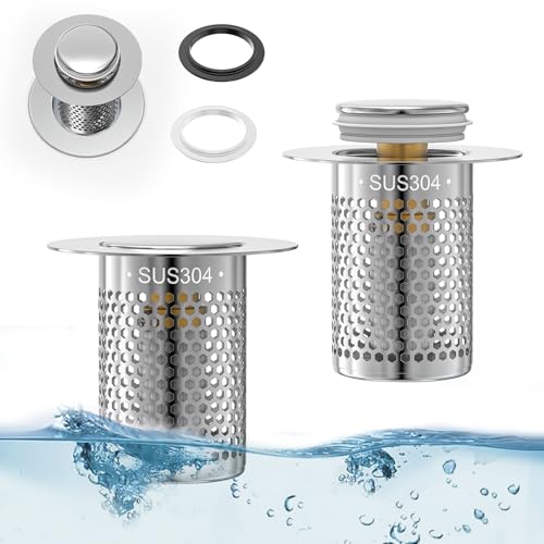 2 Pièces Bouchon Lavabo Pop Up INOX 304, Bouchon Evier Salle de Bain avec Filtre, Bouchon D'évier de Cuisine, Filtre Evier Pop-Up pour Bain, Évier et...