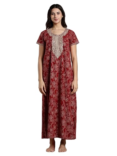 Image of 9shines Label Stylish Pure Cotton Nighty Maxi for Women | Embroidery Neckline Nightgown | A-Line Nightdress with Pocket | Floral Night Gown| Soft Comfortable Cotton Sleepwear (Cotton Yoke)