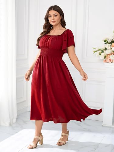 Image of Plus Size Maxi Dress Off The Shoulder Ruffle Smocked Wedding Guest Cocktail Slit Hem Flowy Dresses for Curvy Women