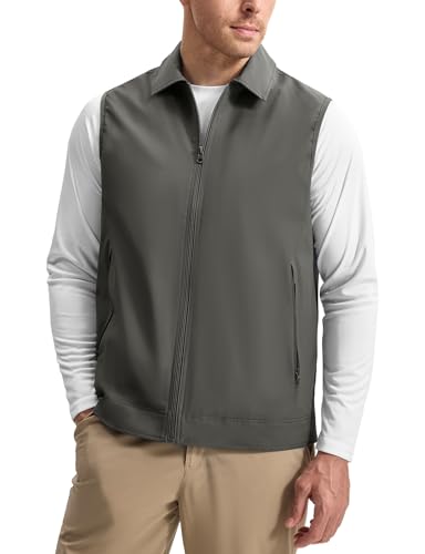 Rdruko Men's Golf Vest Lightweight Outerwear Windproof Water Resistant Grid Lining Vest with Zipper Pockets for Casual