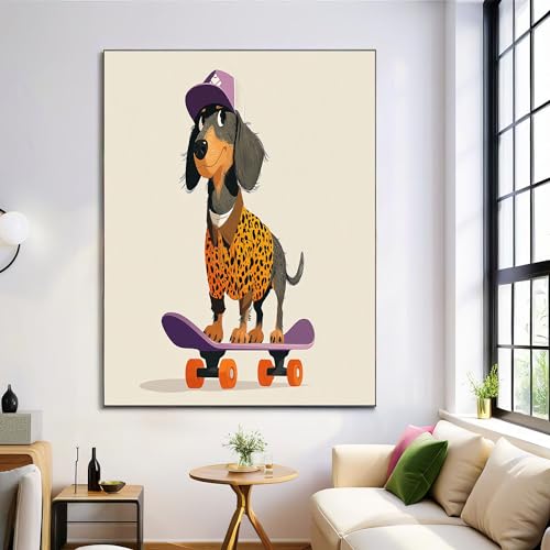 Toile teckel skateboard pour décoration de salon et bureau moderne beige 50x70cm