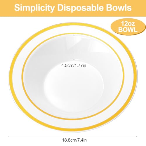 KisSealed 100 Pack 12oz Plastic Bowls with Gold Rim,Heavy-Duty Disposable Soup Bowls for Hot or Cold Food,Premium Plastic Dessert & Salad Bowls for Wedding,Party,Catering & Everyday Use