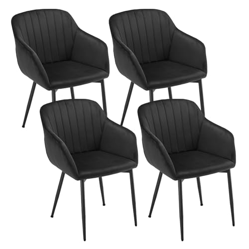 Goeurvant Set di 4 Sedie da Pranzo con Braccioli, Sedie Imbottite in Velluto per Cucina e Soggiorno, Sedie Moderne con Gambe in Metallo, Nero