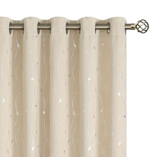 BGment Blackout Curtains 84 Inch Length 2 Panels Set, Grommet Thermal Insulated Blackout Curtains with Wave Line and Dots Printed for Bedroom, 2 Panels, Each 60 x 84 Inch, Champagne