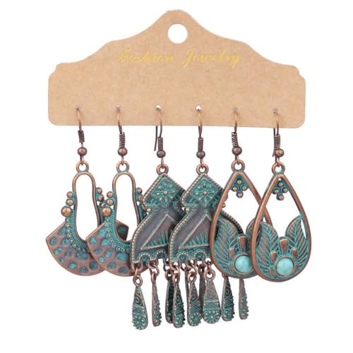 Image of Young & Forever Gift 3 Pairs Turquoise Bronze Vintage Earrings Bohemian Statement Earrings for Women Girls Retro Boho Drop Dangle Earrings Set for Women