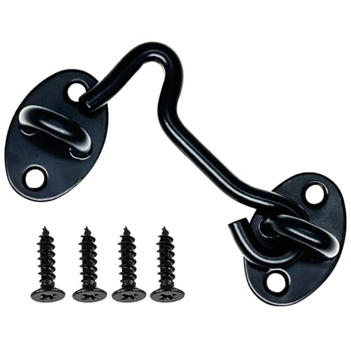 CUKAYO 4 Pack 3\" Hook and Eye Gate Latch, Stainless Steel Rust-Resistant Barn Door Lock Cabin Hooks for Gate Shutters Window Slide Barn Shed Cabinet Bathroom, with 16pcs Screw,Black