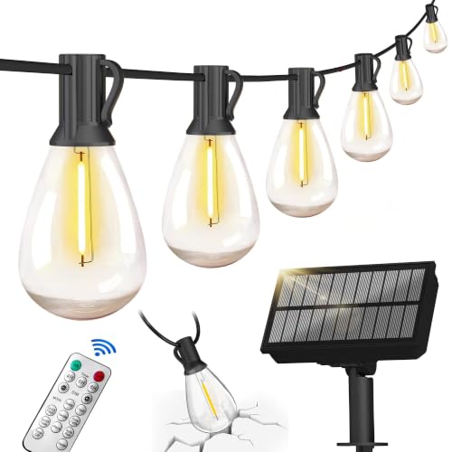BLIATLUS 50FT Solar String Lights Outdoor Waterproof with Remote Control Solar Patio Lights 15+2 shatterproof LED Bulbs for Porch Garden Market Bistro Patio Backyard Fence