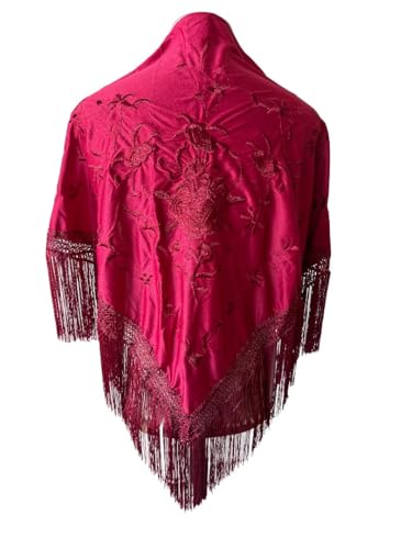Genérico FLAMENKA ROCIERA Mantón de Flamenca, Mantoncillo Bordado Floral, 150x80cm con Flecos de 24cm, Poliéster