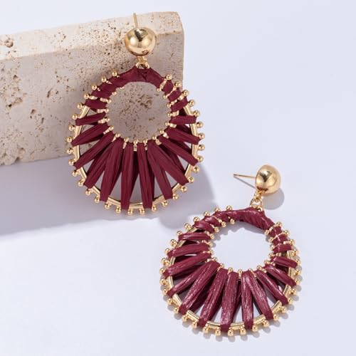 Burgundy Gold Raffia Dangle Drop Earrings Boho Statement Summer Jewelry by Becklynn - Used condition - Image 7