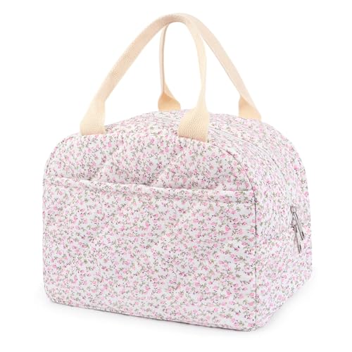 Cotton Quilted Insulated Lunch Bag, Cute Quilted Floral Lunch Tote Bags Reusable Insulated Lunch Box Coquette Aesthetic Large Capacity Insulated Cooler for Women Men Work Travel Picnic (Pink)