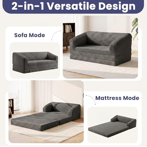 Image of JUIKURY Convertible Sofa Bed, 3-in-1 Foldable Loveseat Couch with Armrest, Corduroy Floor Sofa & Sleeper Bed, No Assembly High-Density Foam Futon Mattress for Living Room, Small Apartment, Dorm