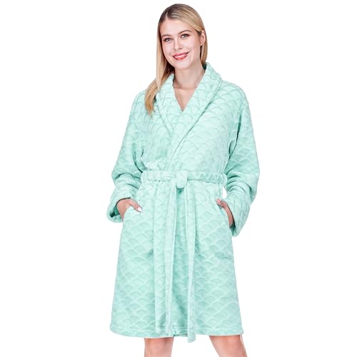 Image of PAVILIA Plush Robe for Women, Soft Fleece Short Bathrobe, Warm Lightweight Knee Length Lounge Robe with Pockets