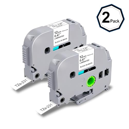 TZe-2312pk Laminated Label Tape 12mm 0.47 Black Ink on White Tape TZ231 TZe-231 Compatible with Brother P-Touch Label Tape PT-D210 D220 H110 D200 D400 Label Maker for Home Office Cable Labeling