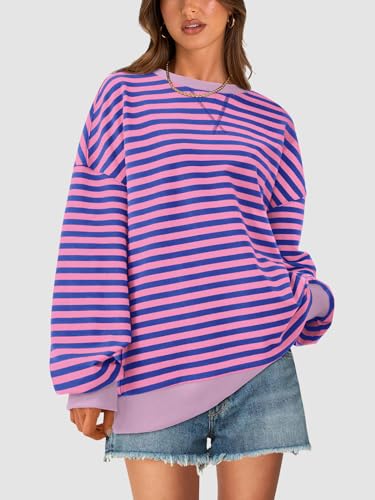 Image of PRETTYGARDEN Womens Striped Oversized Sweatshirt Color Block Crew Neck Long Sleeve Casual Loose Pullover Top Y2K Clothes