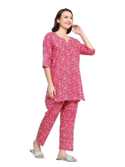 Image of Cotton Printed Co-Ord Set for Women - Nightwear Pajama Set with Pockets | Soft & Breathable Two-Piece Outfit for Sleep & Lounge