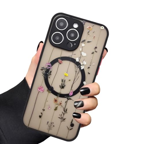 Coque pour iPhone 14 Pro antichoc magnétique fleur noire pour femme et fille